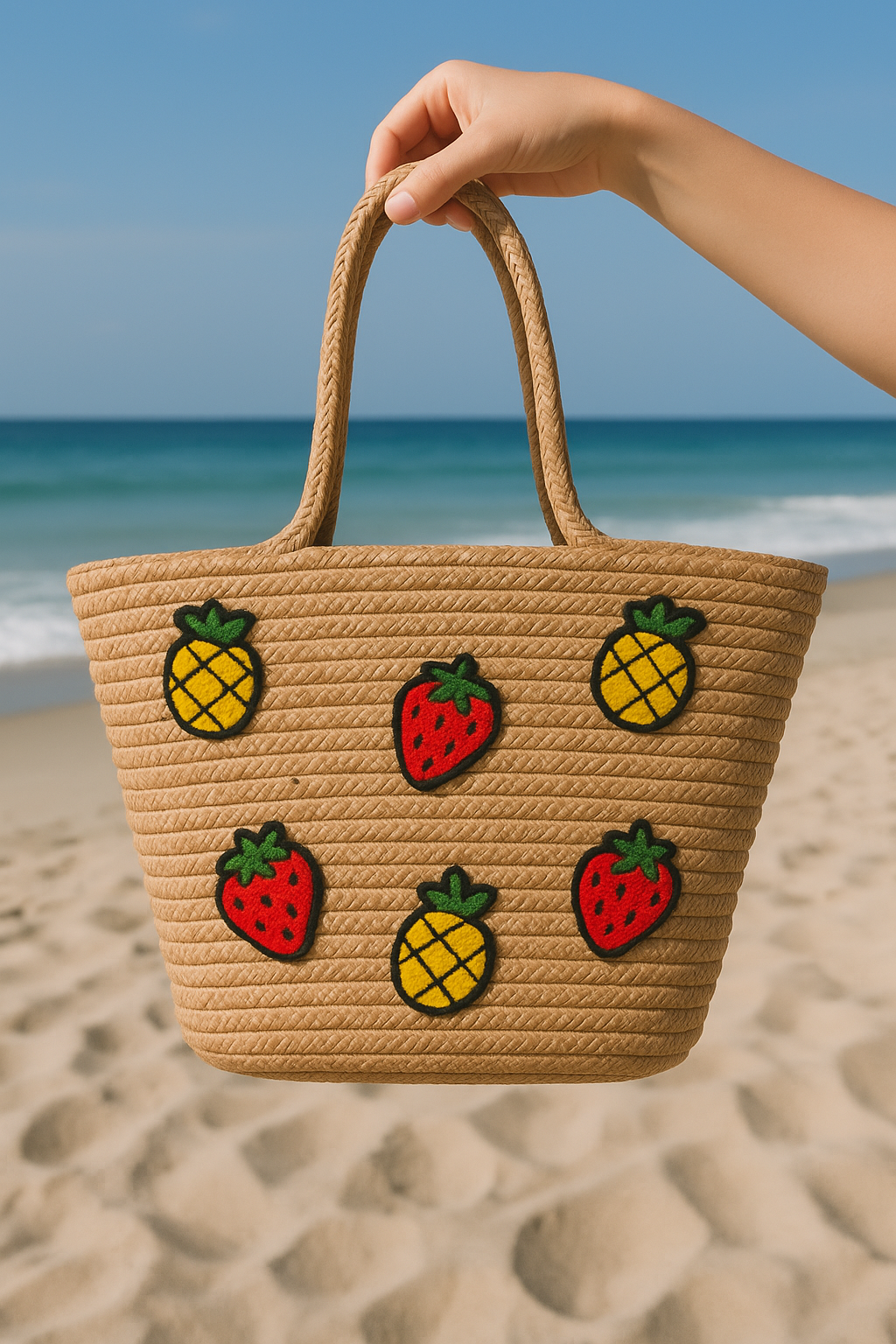 Çilek Ananas Meyve Nakış Detaylı Jüt Plaj Çantası